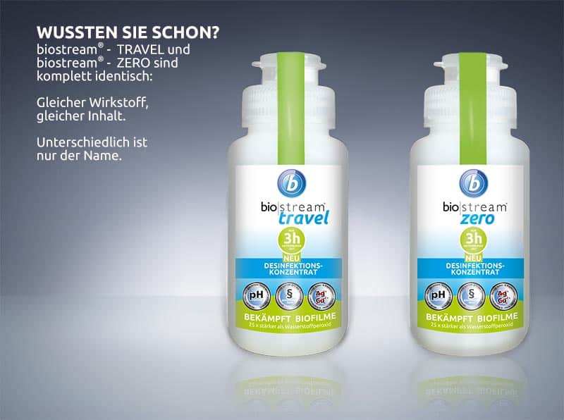 Two bottles side by side: biostream® TRAVEL and biostream® ZERO. Did you know? Both products are completely identical, same active substance, same content. Only the name is different.