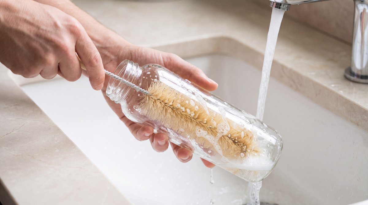 Botella de agua reutilizable siendo limpiada con un cepillo bajo el grifo